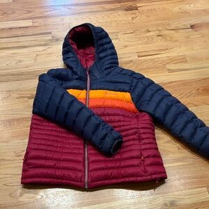 Cotopaxi Fuego Navy, Red, and Orange Puffer Jacket